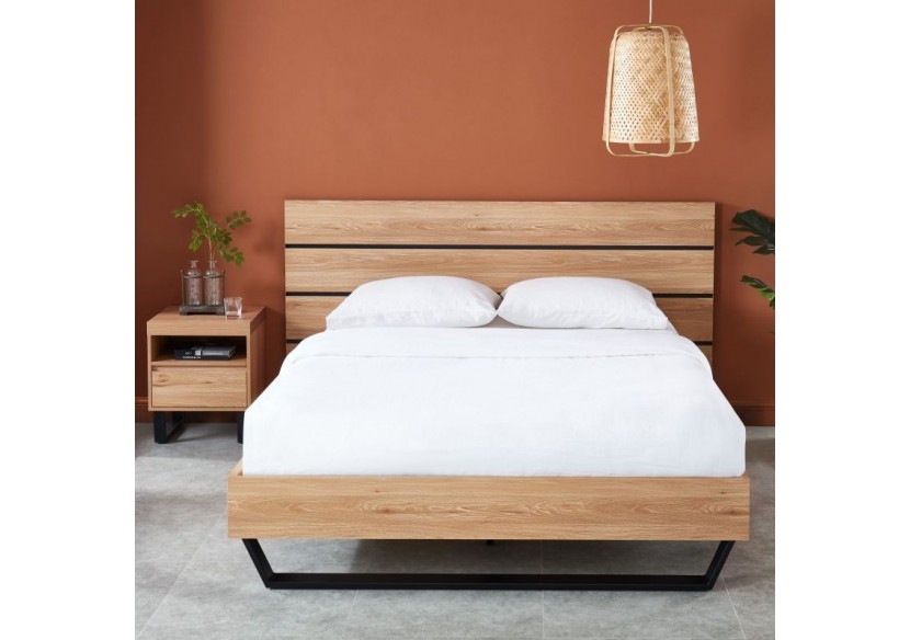 Lit FELIX effet chêne et métal noir 160x200 sommier inclus