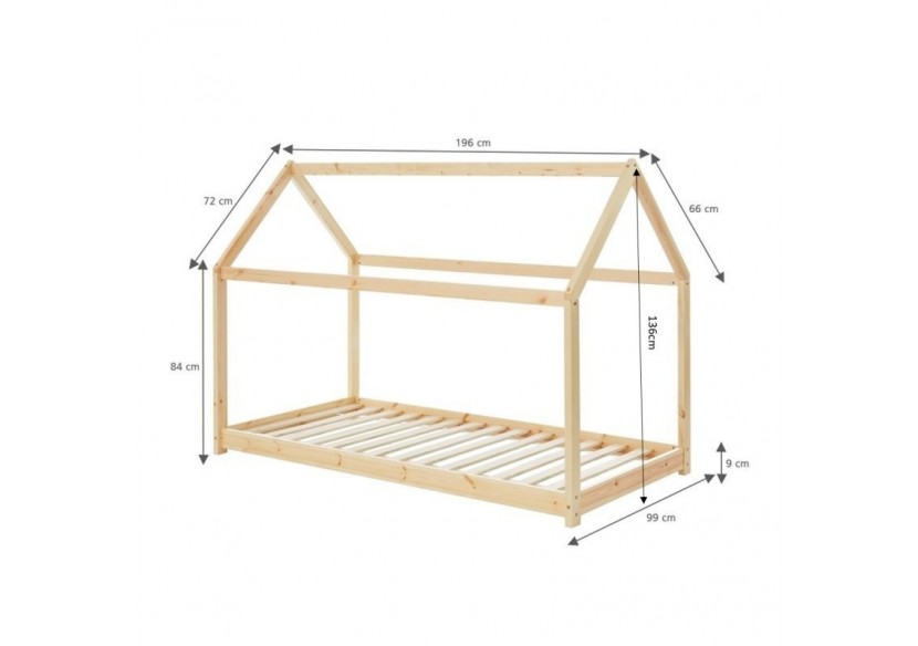 Lit enfant cabane TINY pin naturel 90x190 sommier inclus