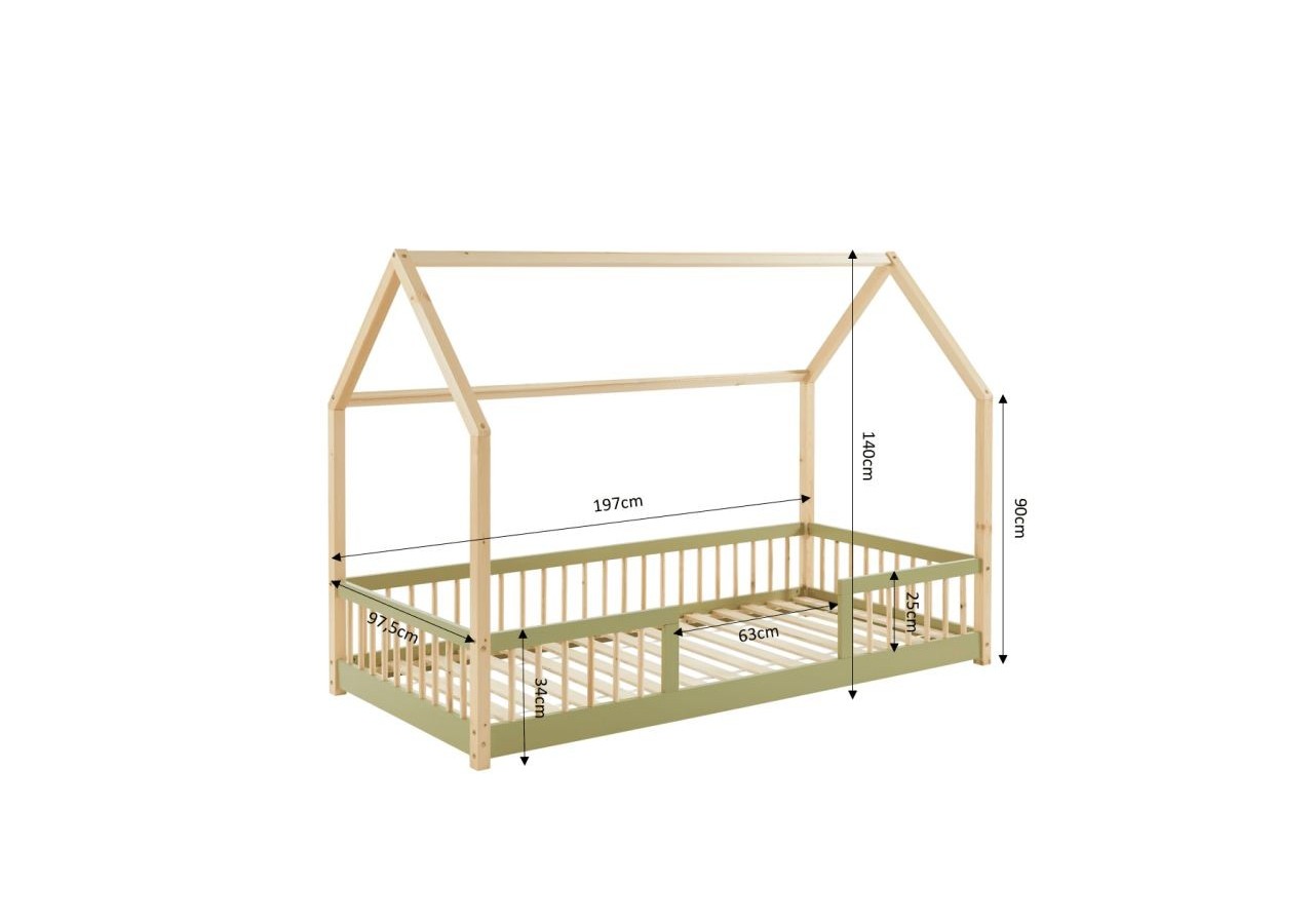 Lit cabane avec barrières TINY pin et vert 90x190 sommier inclus