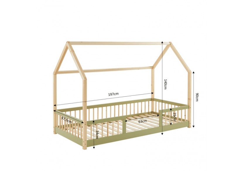 Lit cabane avec barrières TINY pin et vert 90x190 sommier inclus