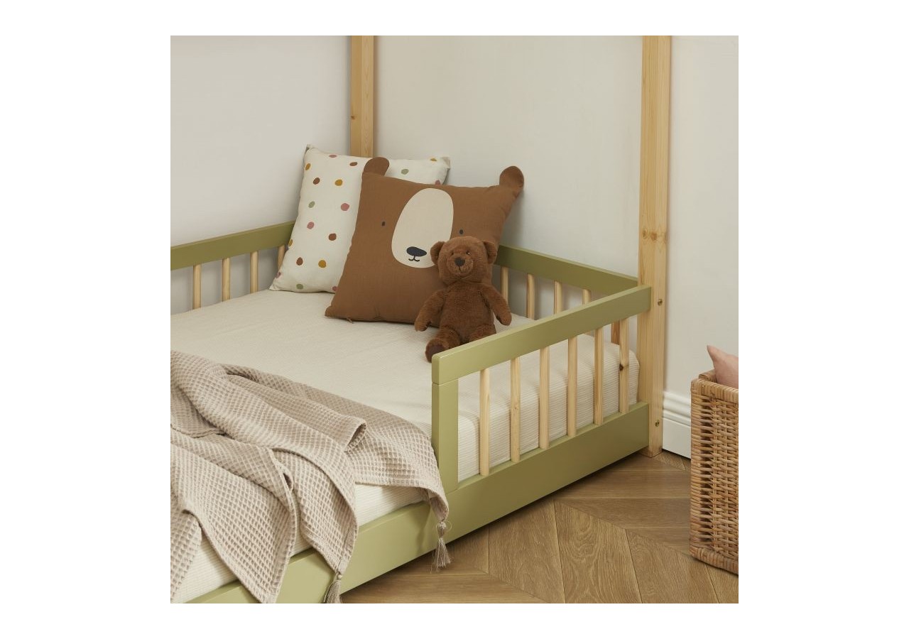 Lit cabane avec barrières TINY pin et vert 90x190 sommier inclus