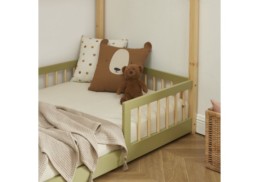 Lit cabane avec barrières TINY pin et vert 90x190 sommier inclus