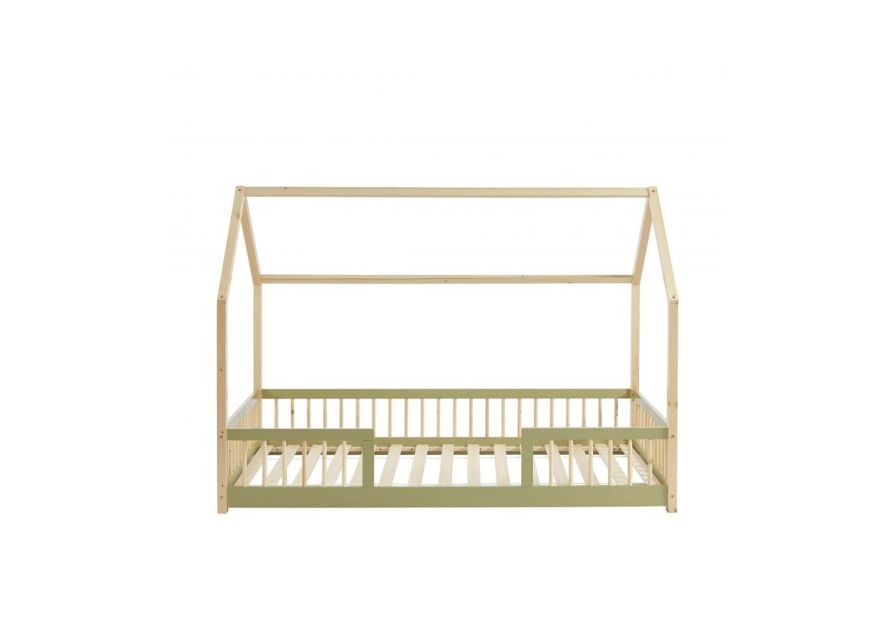 Lit cabane avec barrières TINY pin et vert 90x190 sommier inclus