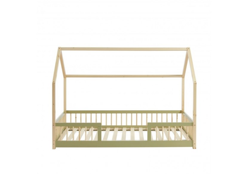 Lit cabane avec barrières TINY pin et vert 90x190 sommier inclus