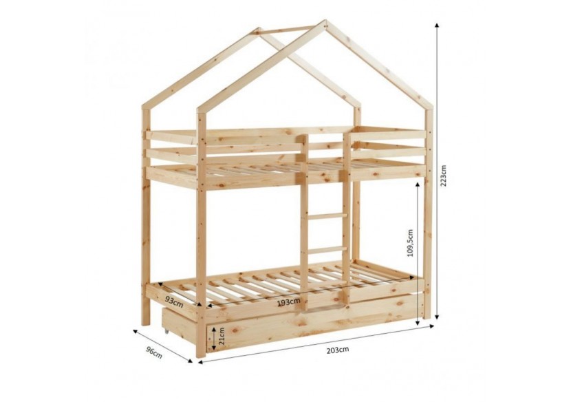 Lit cabane superposé TINY pin naturel 90x190 sommier inclus