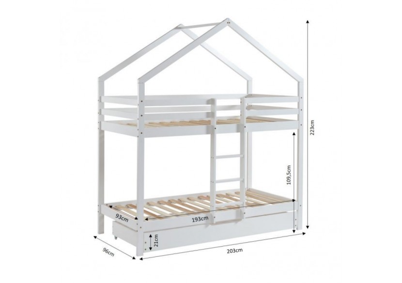 Lit cabane superposé TINY pin blanc 90x190 sommier inclus