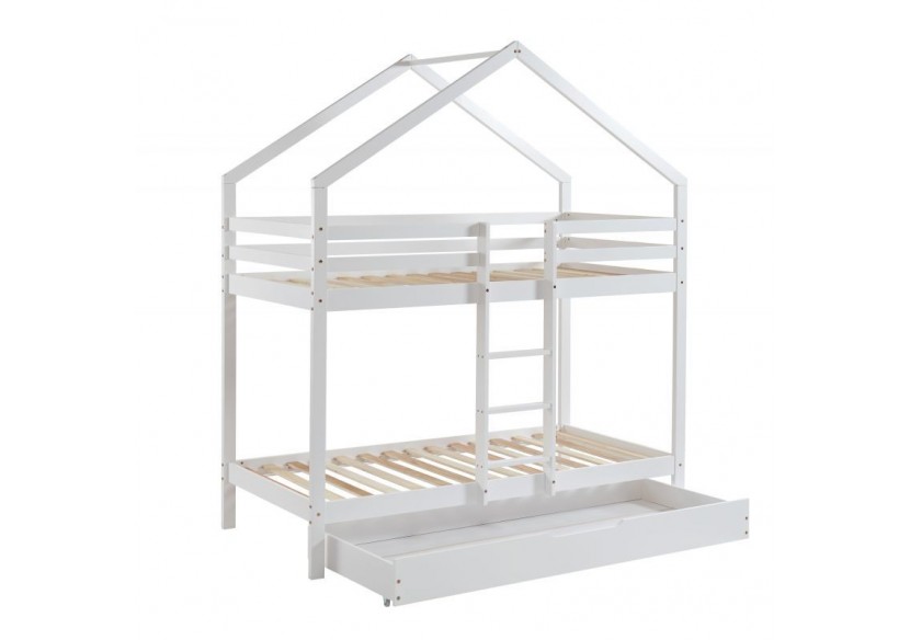 Lit cabane superposé TINY pin blanc 90x190 sommier inclus