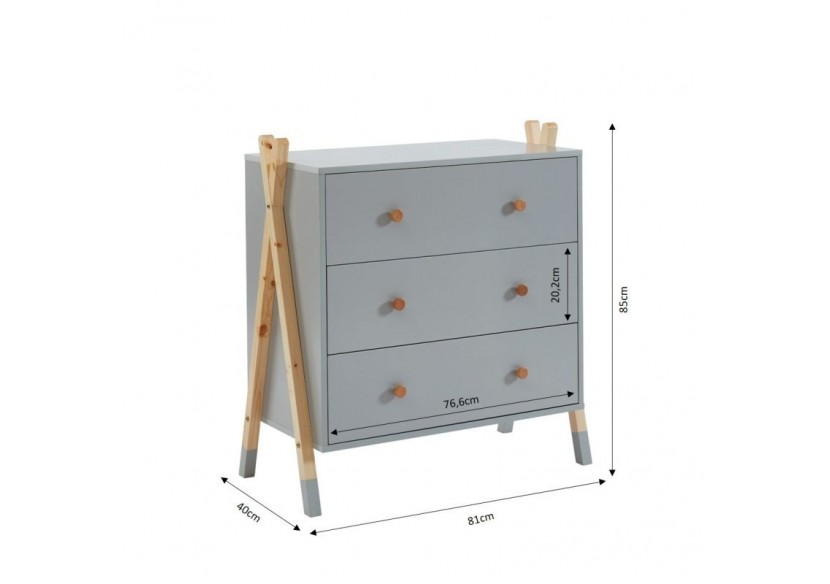 Commode TIPI gris 3 tiroirs 81cm
