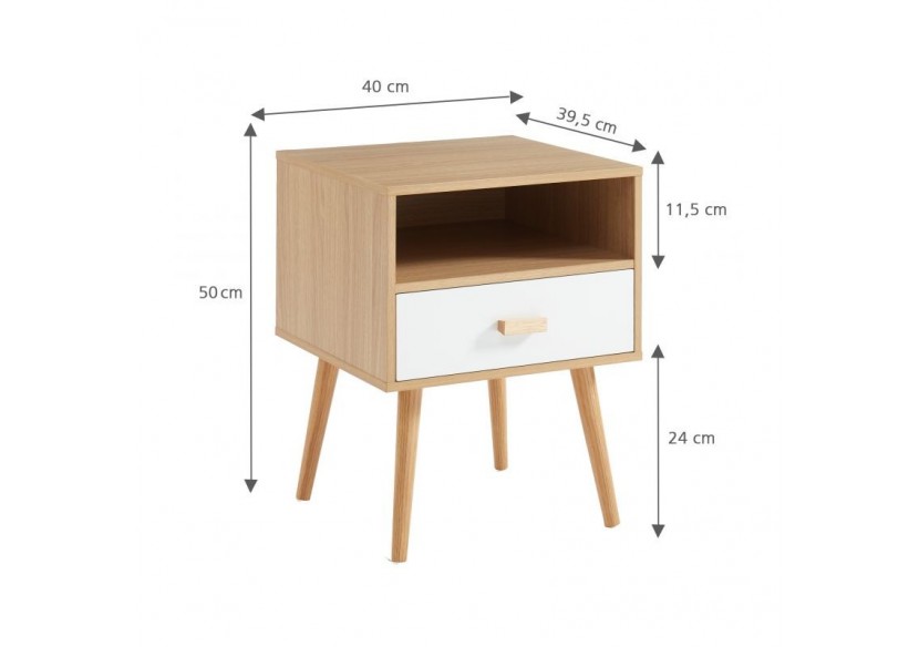 Table de chevet ULOS blanc et effet chêne 1 tiroir 40cm