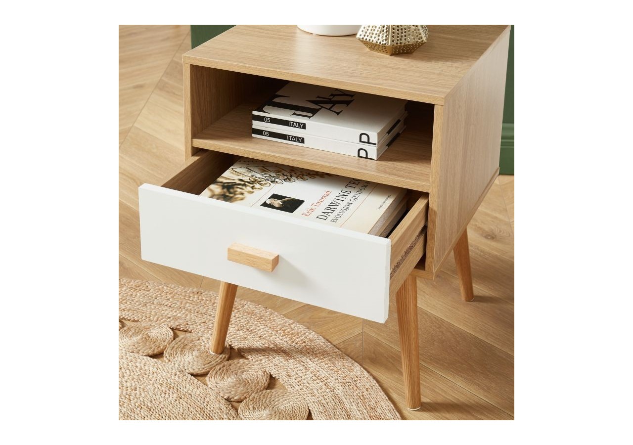 Table de chevet ULOS blanc et effet chêne 1 tiroir 40cm