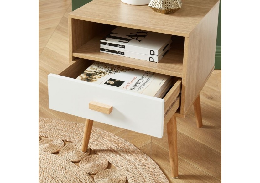 Table de chevet ULOS blanc et effet chêne 1 tiroir 40cm