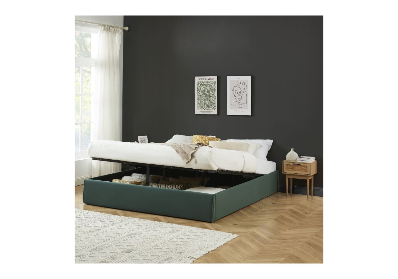 Lit coffre SAKURA velours vert forêt 180x200 sommier inclus