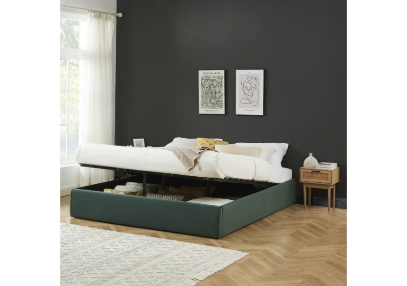 Lit coffre SAKURA velours vert forêt 180x200 sommier inclus