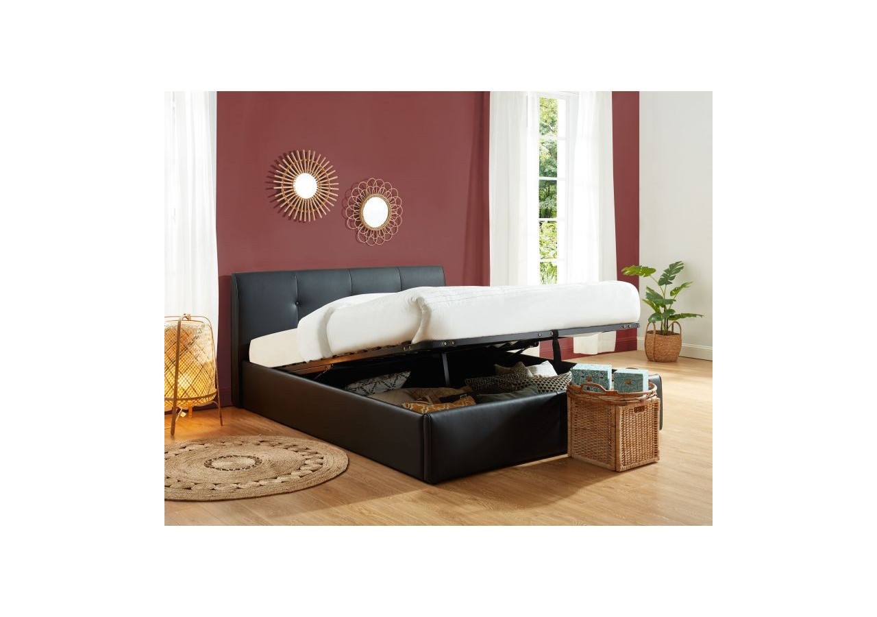 Lit coffre SEGURO simili noir 140x190 sommier inclus