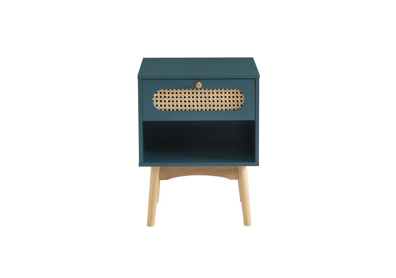 Table de chevet SIXTINE bleu canard et cannage rotin