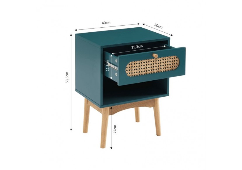 Table de chevet SIXTINE bleu canard et cannage rotin
