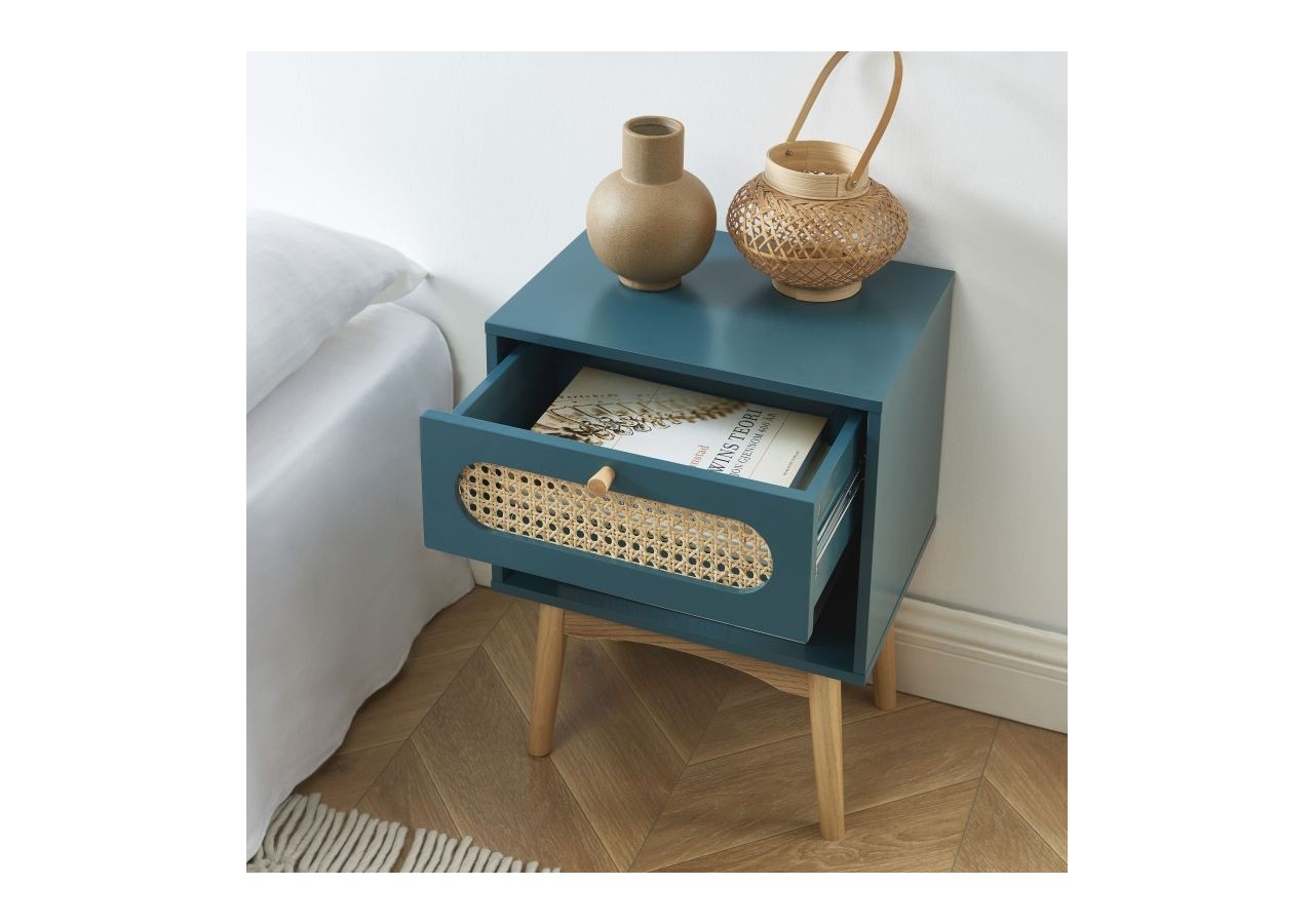 Table de chevet SIXTINE bleu canard et cannage rotin