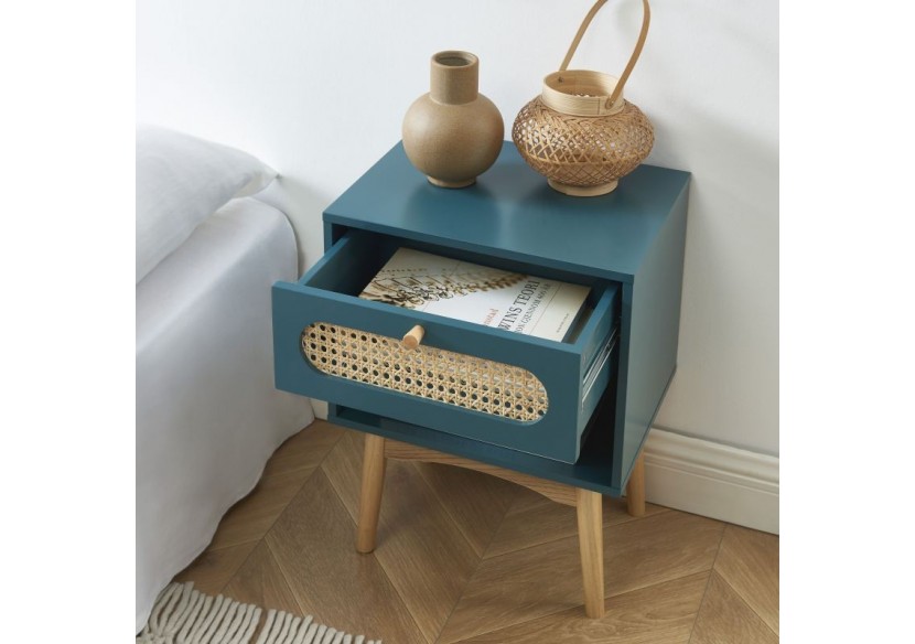 Table de chevet SIXTINE bleu canard et cannage rotin