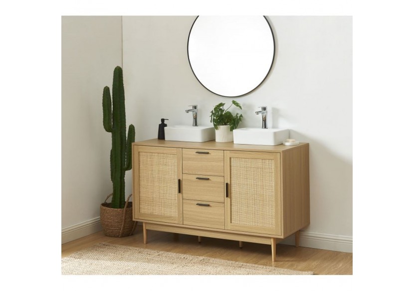 Meuble sous lavabo AMANA effet chêne et cannage rotin 130cm