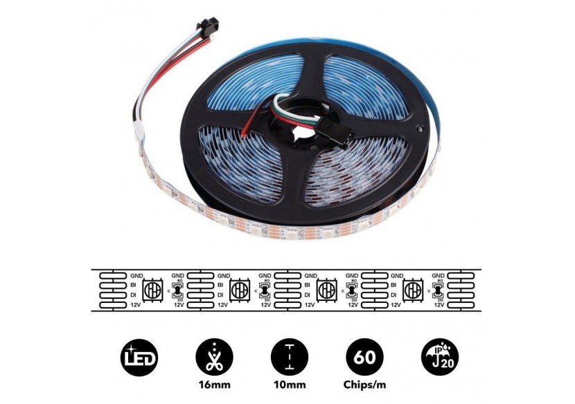 Ruban LED intelligent IC RGB 12V DC - 14,4 W/m -IP20 - 60 LED/m - Largeur 10mm - 5 mètres - B1576RGB - Barcelona LED