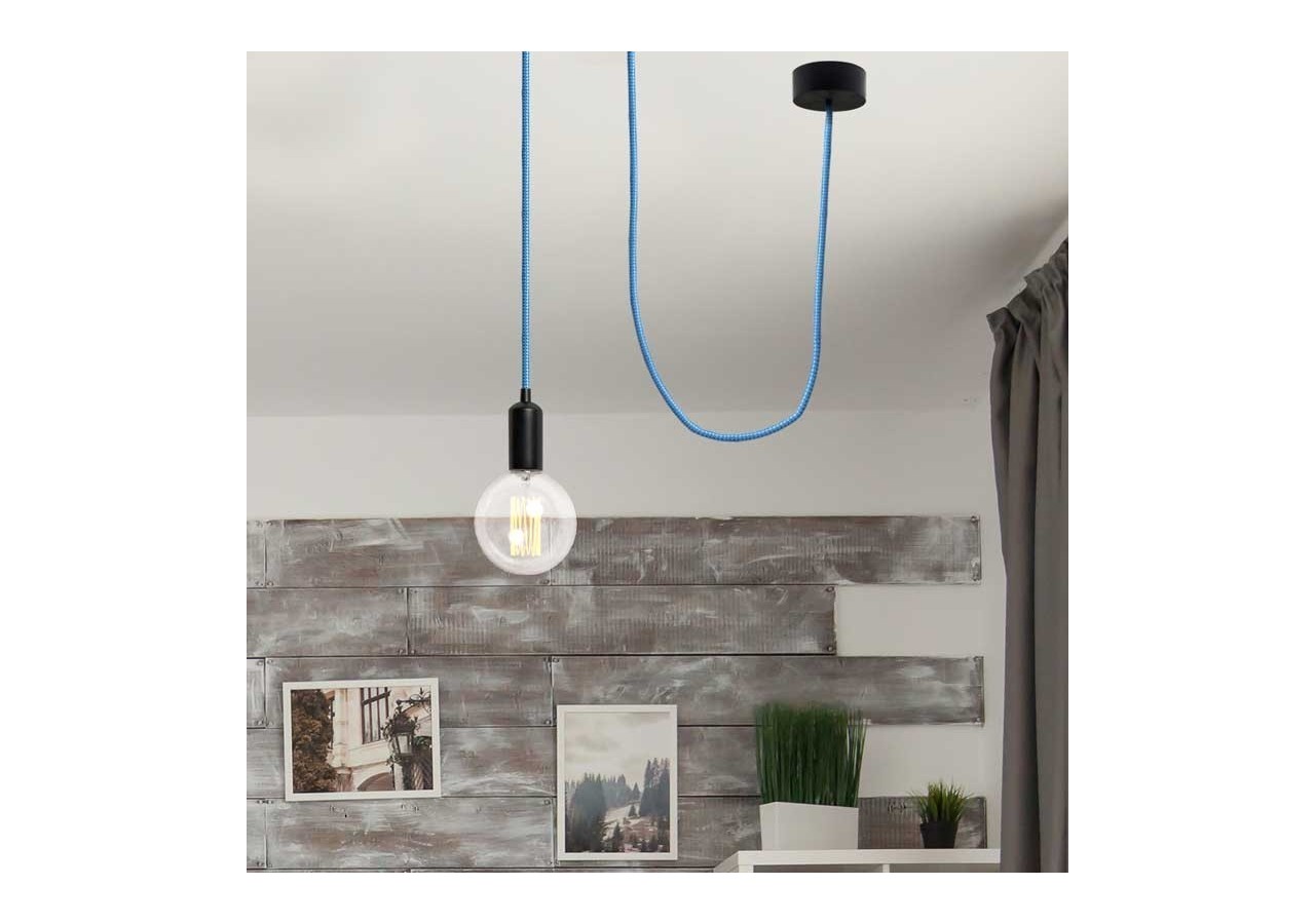 Câble électrique rond enrobé d'un tissu effet soie de couleur bleue et blanche - LN001-BA - Barcelona LED