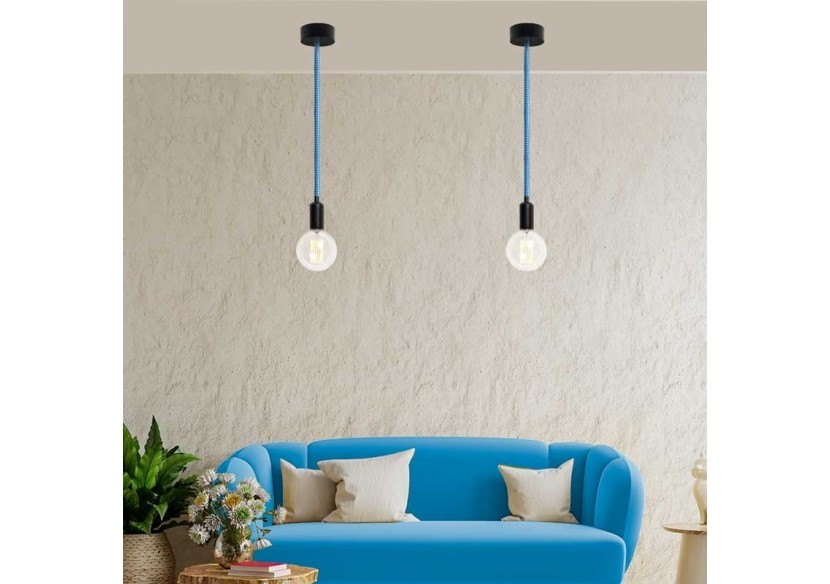 Câble électrique rond enrobé d'un tissu effet soie de couleur bleue et blanche - LN001-BA - Barcelona LED