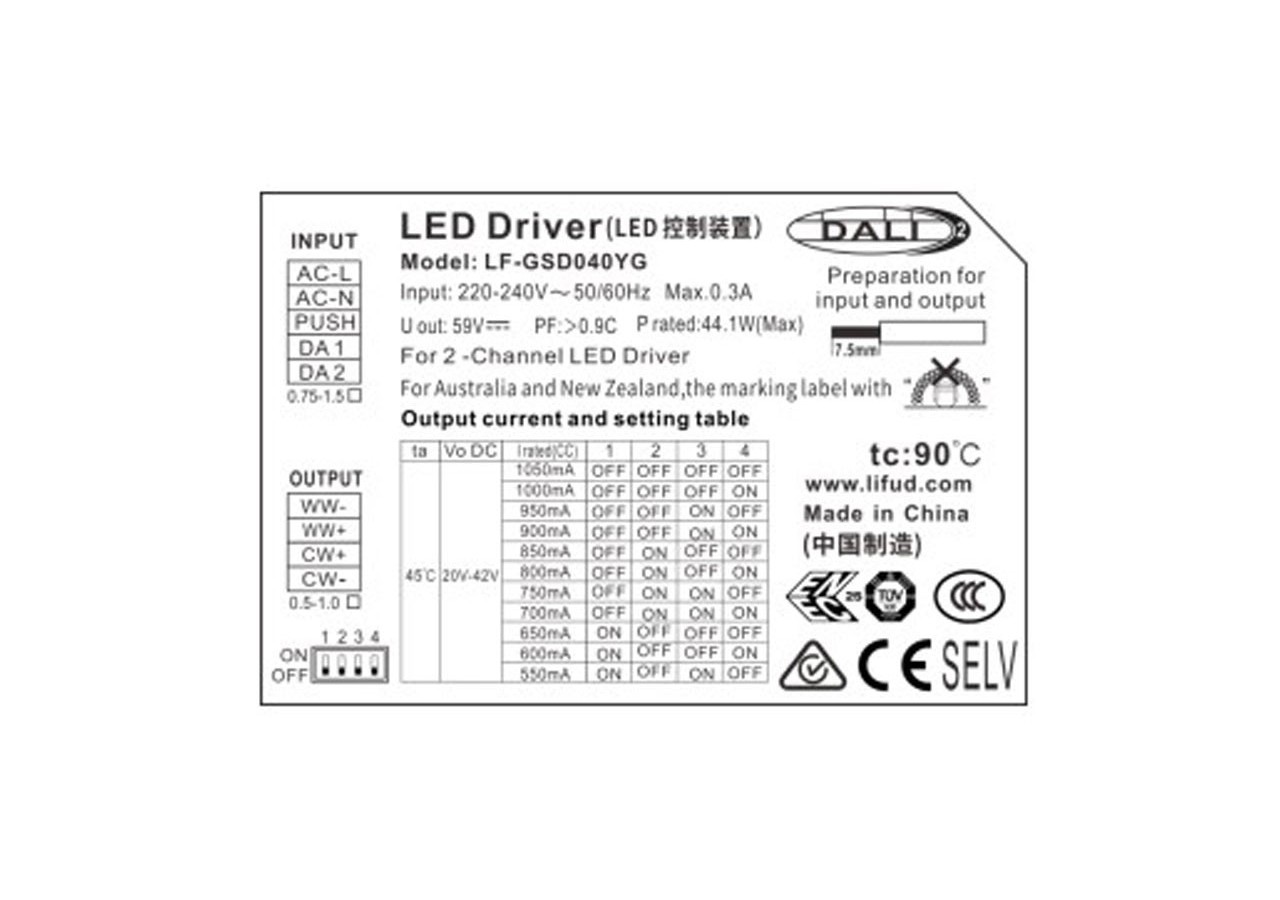 Driver DALI multicourant 40W et 550-1050mA CCT + dimmable - LF-GSD040YG - Barcelona LED