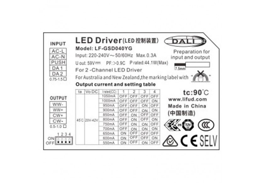 Driver DALI multicourant 40W et 550-1050mA CCT + dimmable - LF-GSD040YG - Barcelona LED