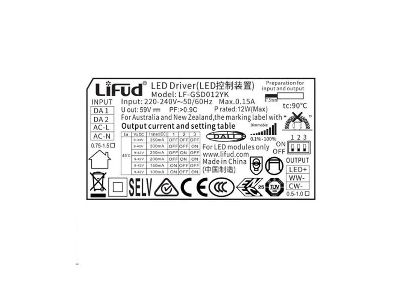 Driver DALI multicourant 12W et 100-350mA CCT et dimmable - LF-GSD012YK - Barcelona LED