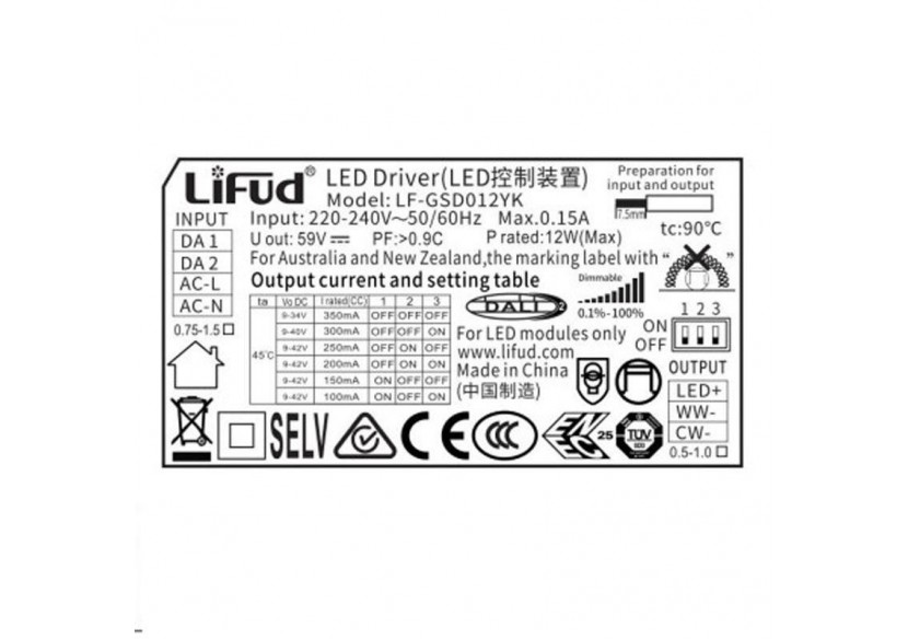 Driver DALI multicourant 12W et 100-350mA CCT et dimmable - LF-GSD012YK - Barcelona LED