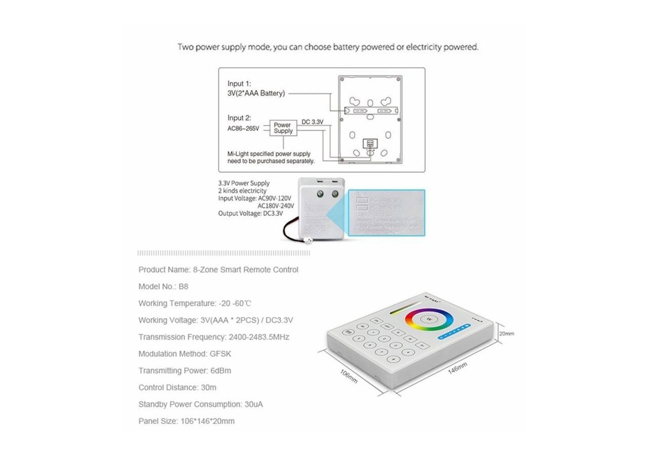 Télécommande murale 8 Zones RGB+CCT | Mi Light - B8-RGB+CCT - Barcelona LED
