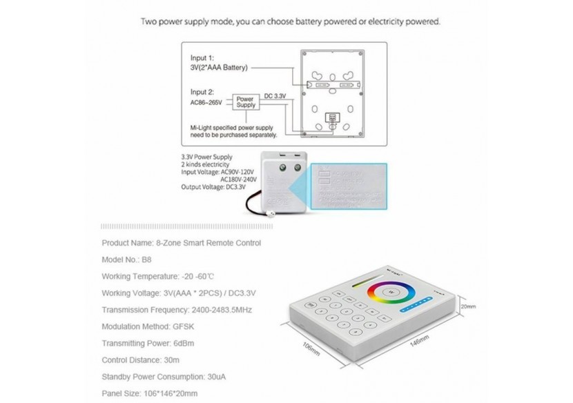 Télécommande murale 8 Zones RGB+CCT | Mi Light - B8-RGB+CCT - Barcelona LED