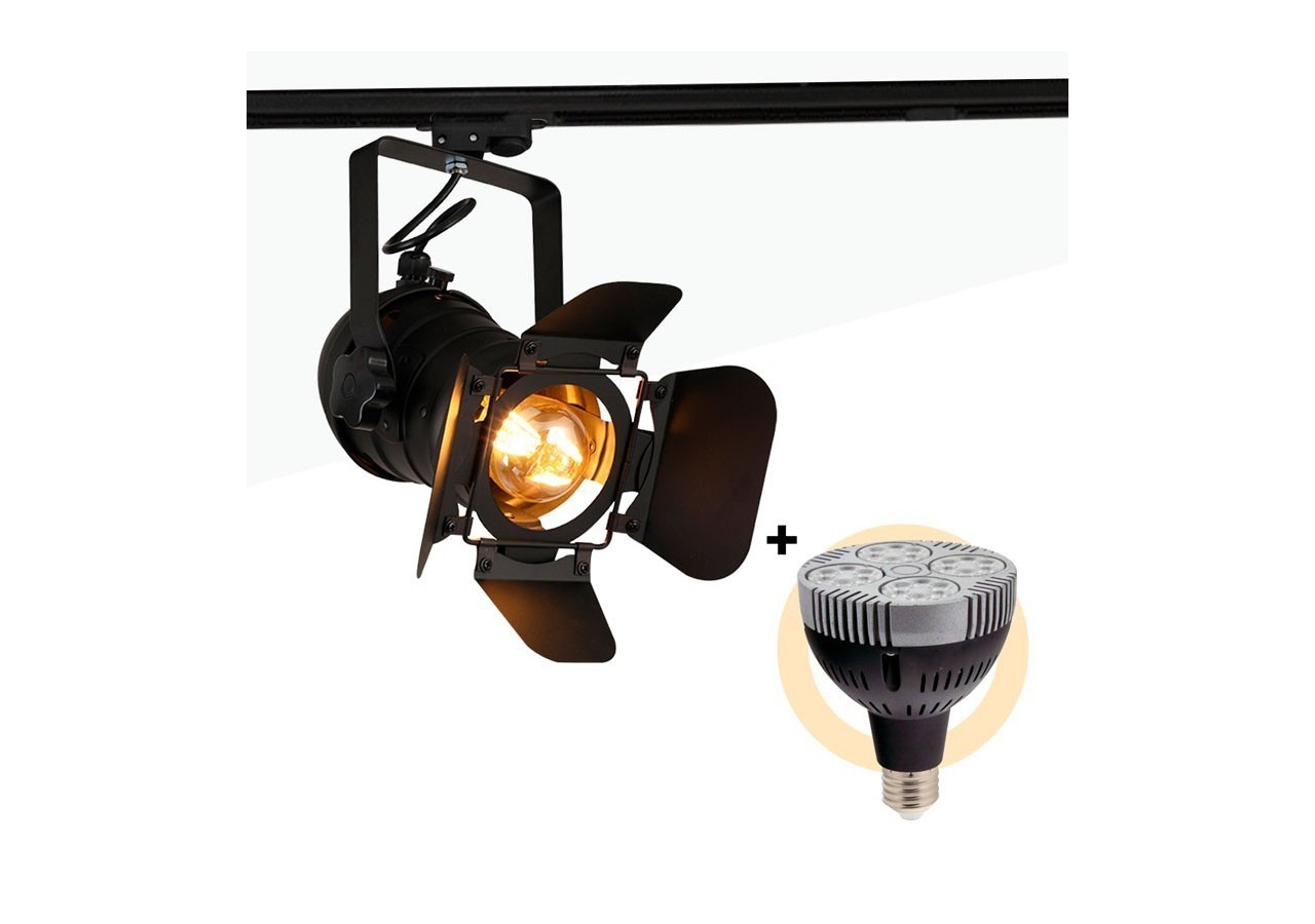 Kit projecteur "CINEMA" orientable pour rail monophasé avec ampoule LED PAR30 E27 - K233-MON-BN - Barcelona LED