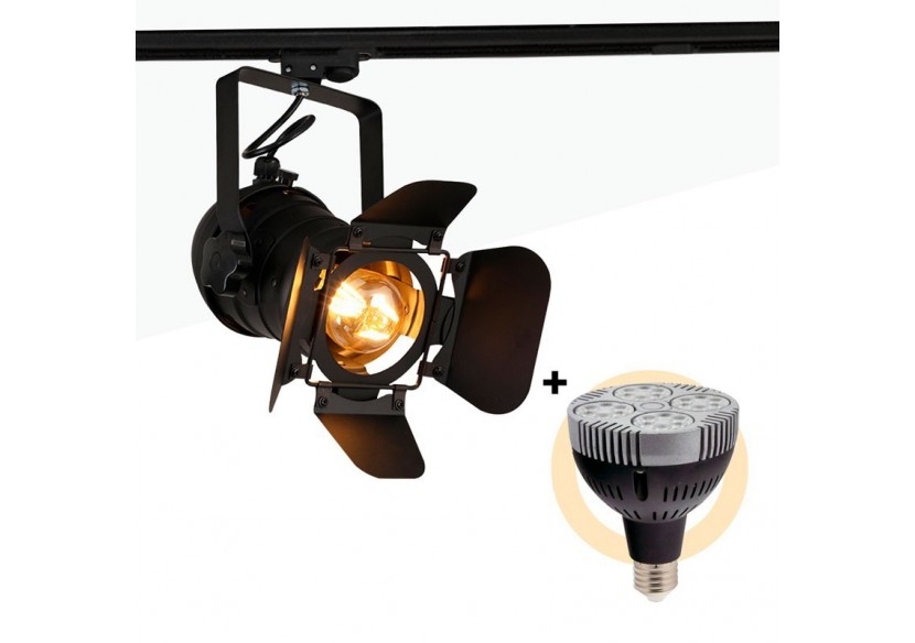 Kit projecteur "CINEMA" orientable pour rail monophasé avec ampoule LED PAR30 E27 - K233-MON-BN - Barcelona LED