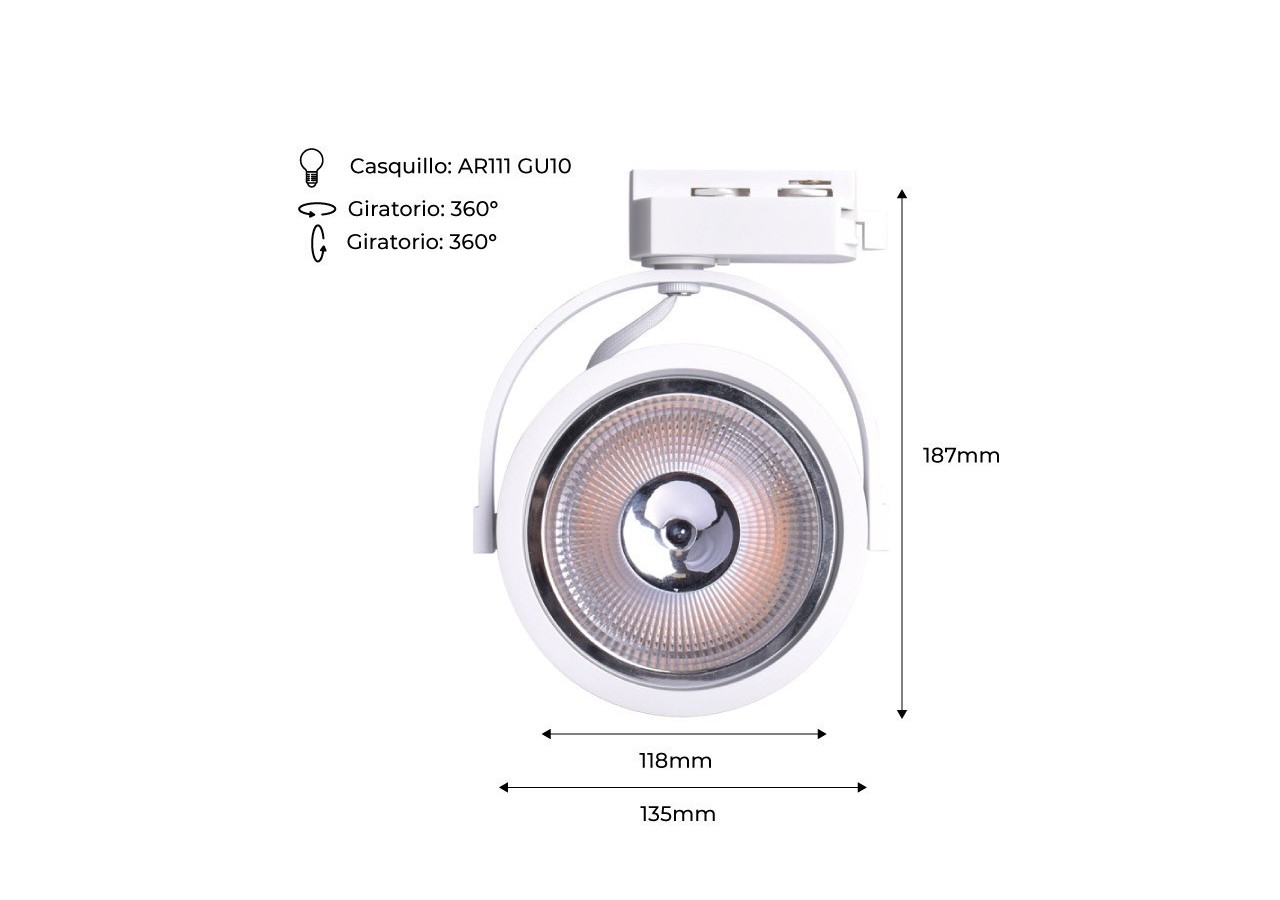Projecteur LED sur rail monophasé AR111 GU10 - B00582-B - Barcelona LED