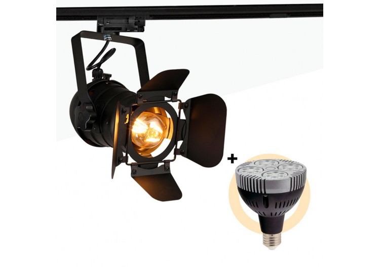 Kit projecteur "CINEMA" orientable pour rail triphasé avec ampoule LED PAR30 E27 - K233-TRI-BN - Barcelona LED