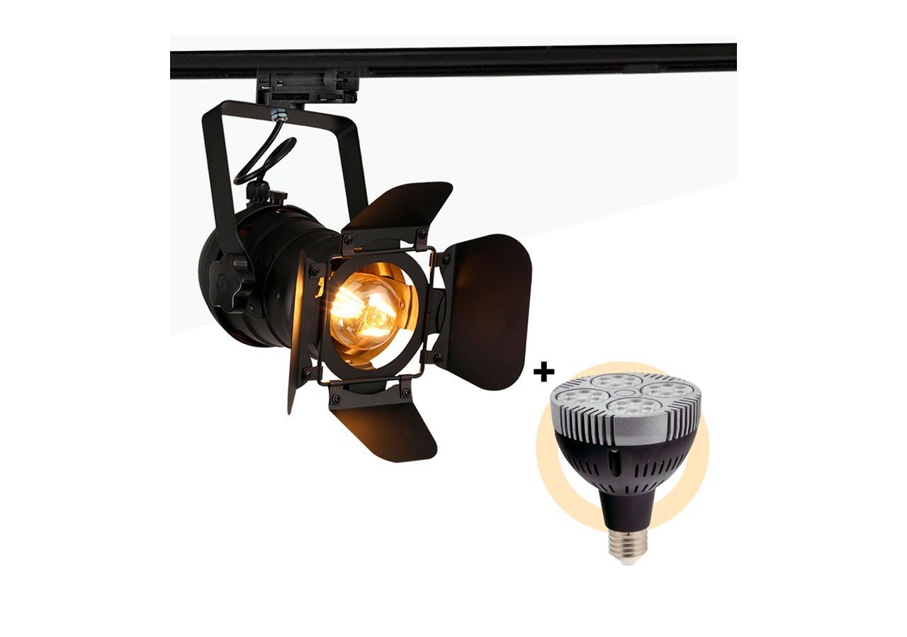 Kit projecteur "CINEMA" orientable pour rail triphasé avec ampoule LED PAR30 E27 - K233-TRI-BN - Barcelona LED