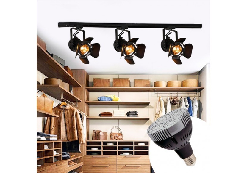 Kit projecteur "CINEMA" orientable pour rail triphasé avec ampoule LED PAR30 E27 - K233-TRI-BN - Barcelona LED