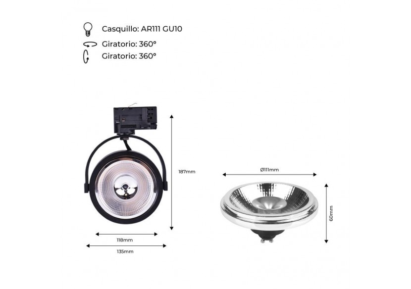 Pack Spot LED rail triphasé + Ampoule LED AR111 GU10 - K00581-N-BC - Barcelona LED