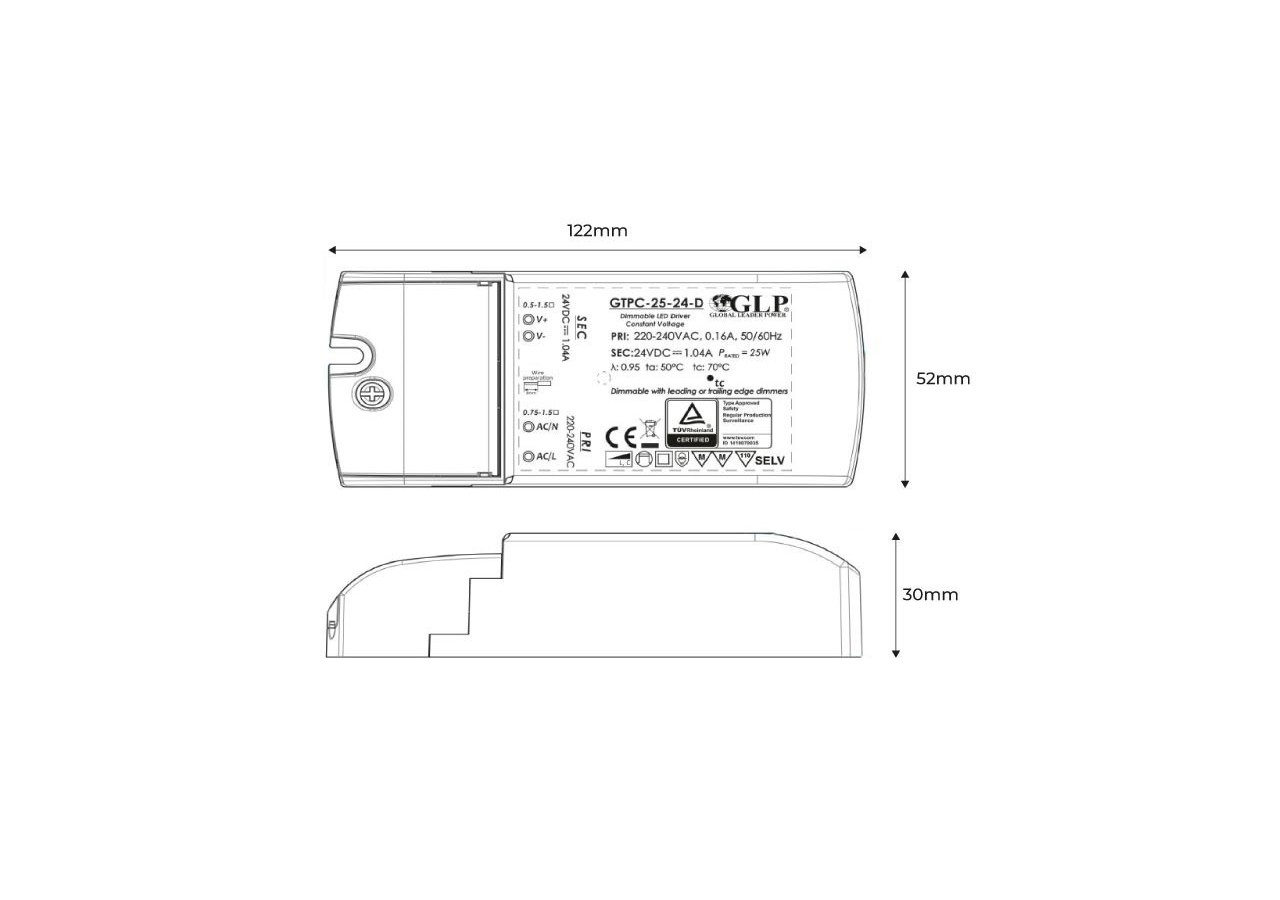 Alimentation LED dimmable Triac 25W 12V-GLP - GTPC-25-12-D - Barcelona LED