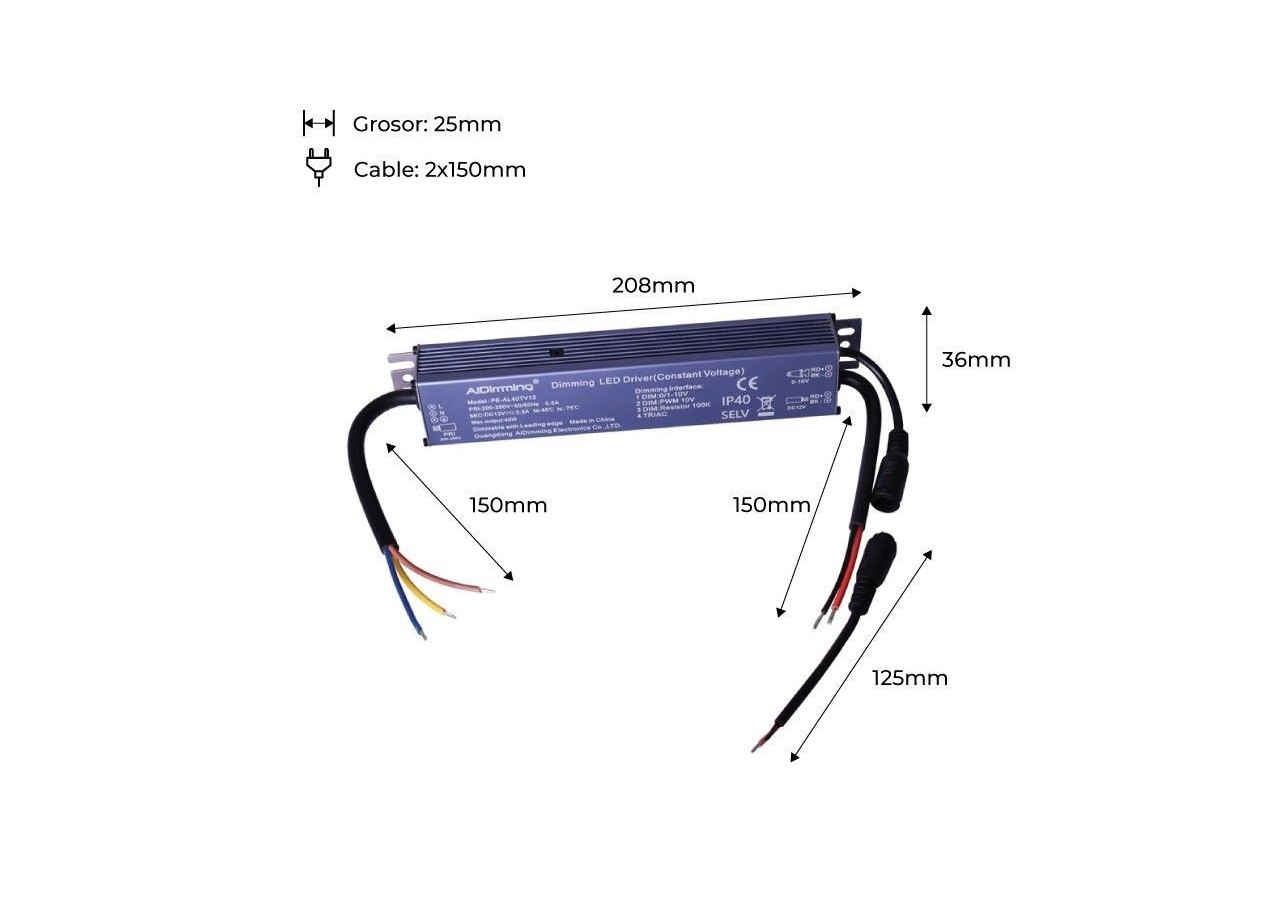 Alimentation dimmable TRIAC DC 12V 40W 3.3A 40W IP40 - PE-AL40TV12 - Barcelona LED