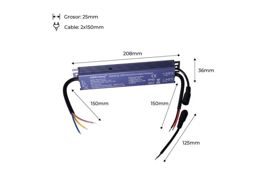 Alimentation dimmable TRIAC DC 12V 40W 3.3A 40W IP40 - PE-AL40TV12 - Barcelona LED