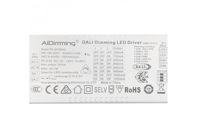 Driver dimmable DALI-PUSH-0-10V 9-42VDC Multicourant 700-1050mA - PE-N45DA42 - Barcelona LED 2