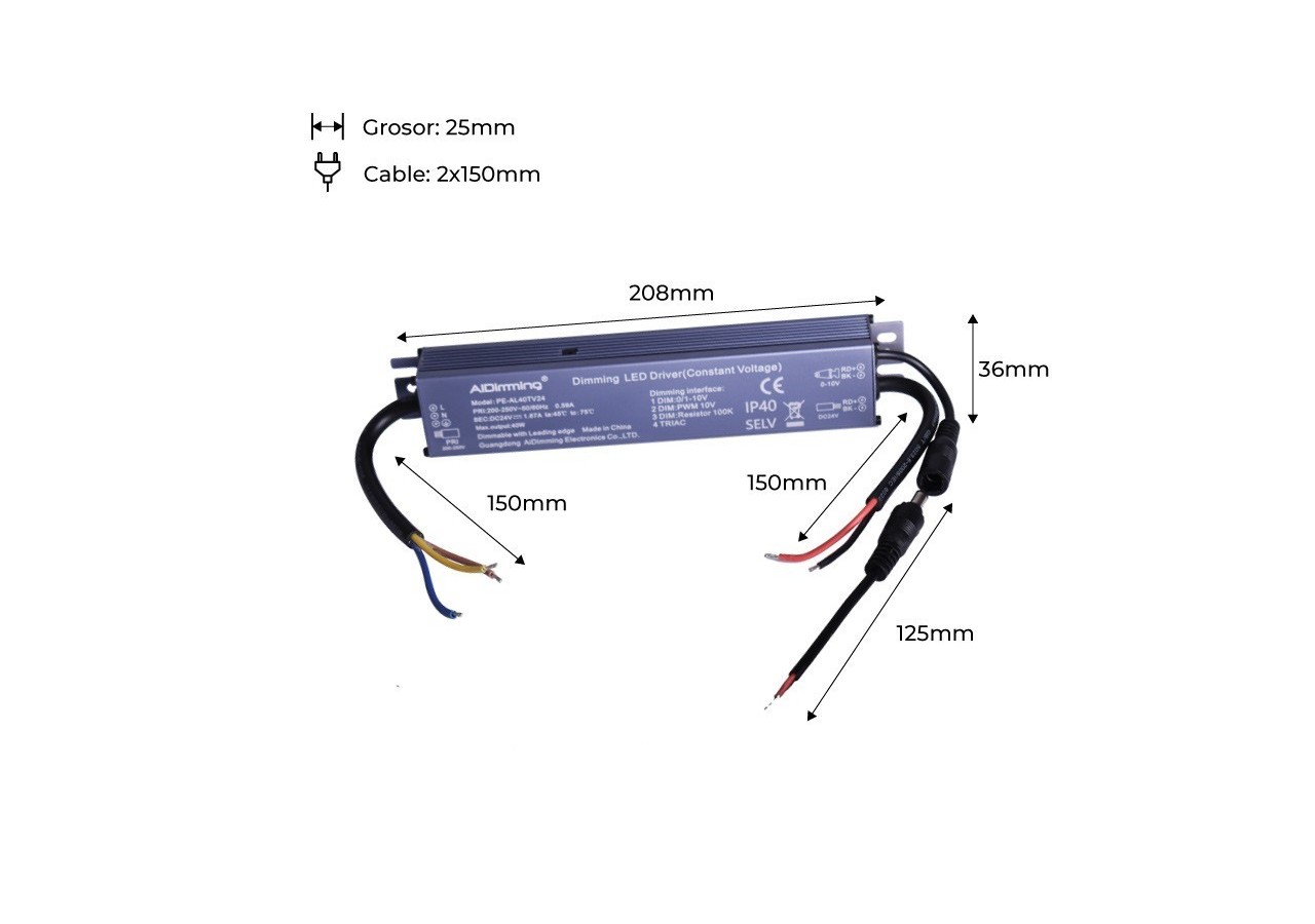 Transformateur Triac dimmable DC 24V 42W 1.67A IP40 - PE-AL40TV24 - Barcelona LED