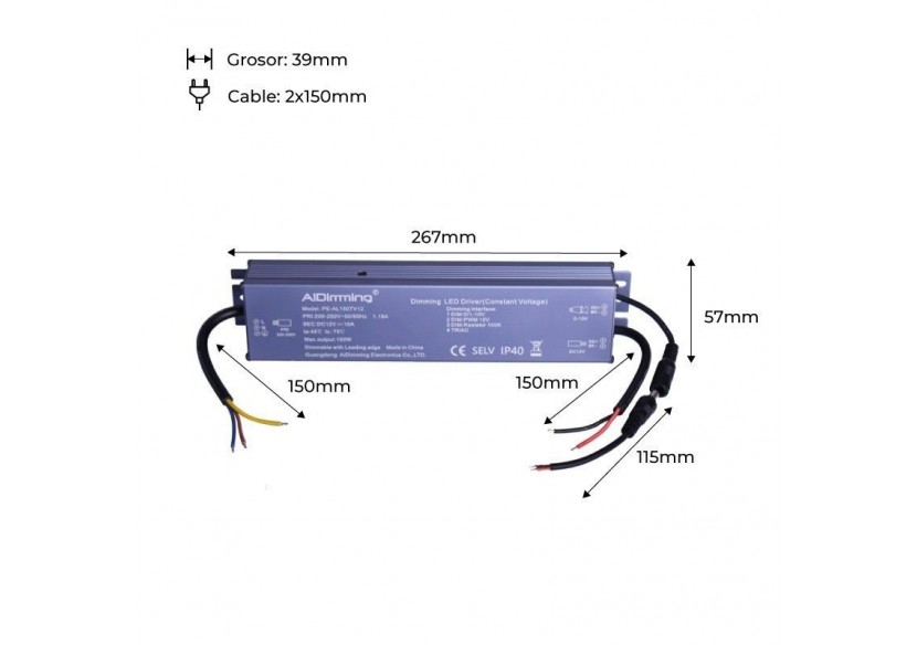 Alimentation LED dimmable TRIAC/0-10V 200-250V-Sortie 12V-10A-120W - PE-AL150TV12 - Barcelona LED