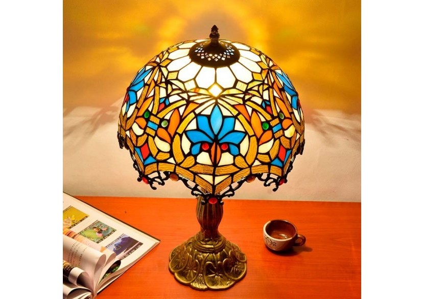 Lampe de table d'inspiration Tiffany avec mosaïque florale en verre - L3077 - Barcelona LED