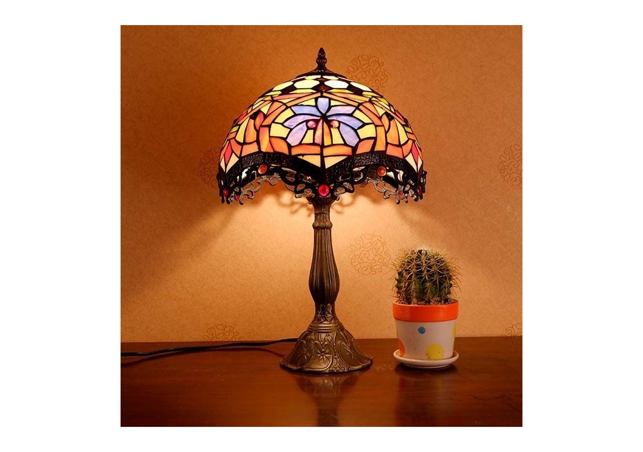 Lampe de table d'inspiration Tiffany avec mosaïque florale en verre - L3077 - Barcelona LED