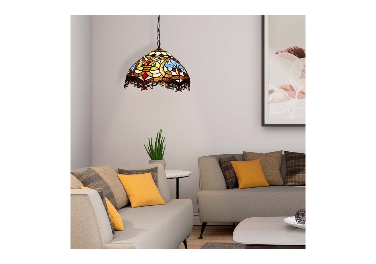 Suspension d'inspiration Tiffany avec mosaïque florale en verre - L3078 - Barcelona LED