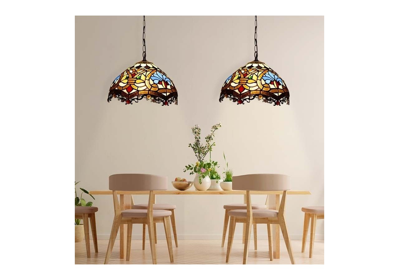Suspension d'inspiration Tiffany avec mosaïque florale en verre - L3078 - Barcelona LED