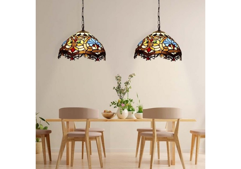 Suspension d'inspiration Tiffany avec mosaïque florale en verre - L3078 - Barcelona LED